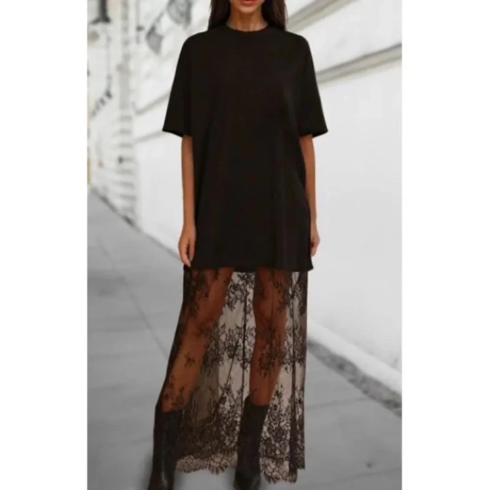 BRAND NEW WITH TAGS Black Tee Dress with Lace Maxi Hem
